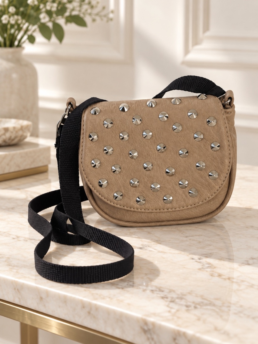 Beautiful Nude Studded Crossbody Bag with Black Nylon Strap❤️